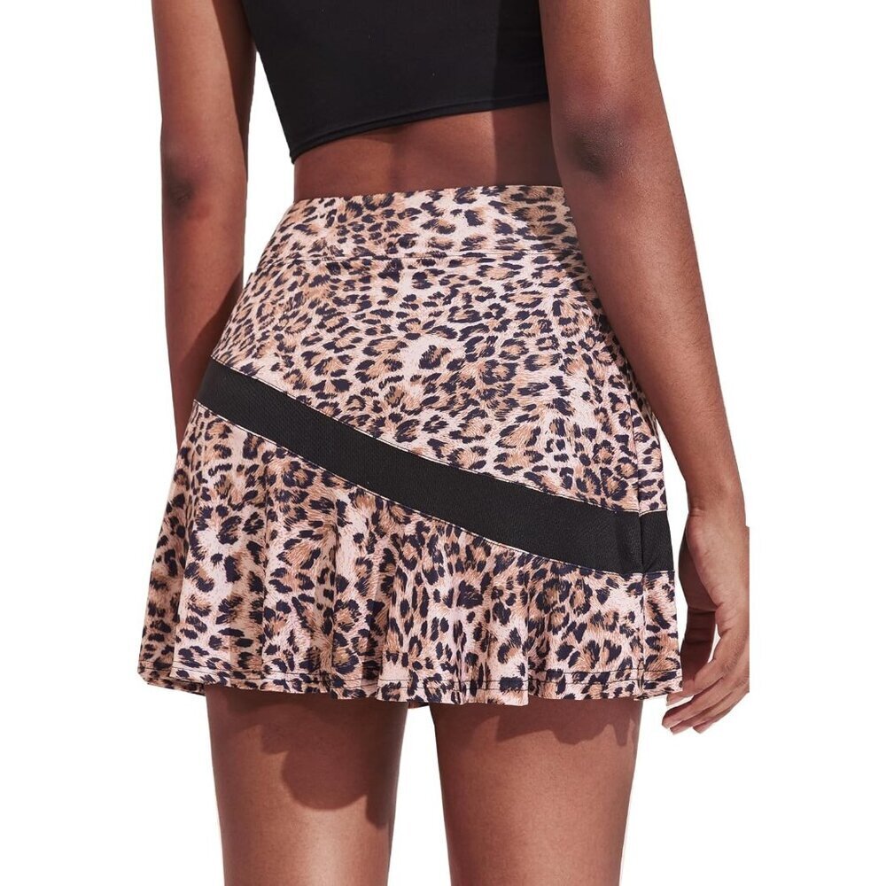 Women's Leopard Pleated Athletic Skort Anti-slip Strip High Waited Casual Skirts